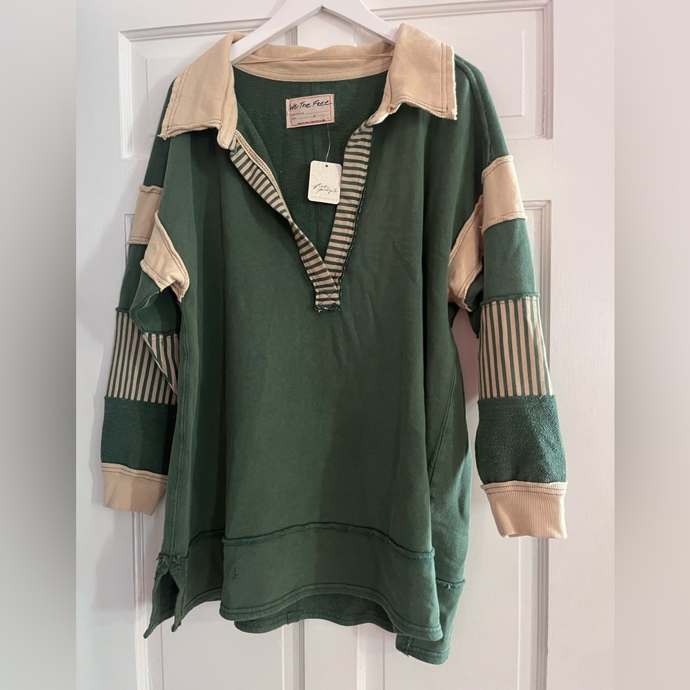 We The Free Forest Green and Cream Striped Top